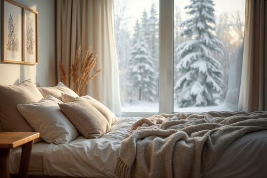 A serene Scandinavian-style bedroom featuring a comfortable bed with neutral pillows and a soft blanket. The large window offers a breathtaking view of a snowy forest, creating a tranquil and cozy ambiance