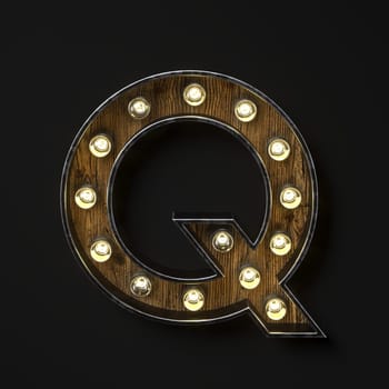 Light bulb glowing Letter Q 3D rendering illustration isolated on black background