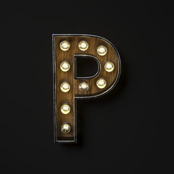 Light bulb glowing Letter P 3D rendering illustration isolated on black background