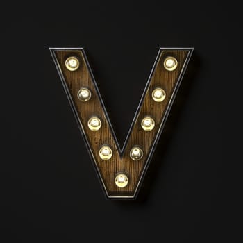 Light bulb glowing Letter V 3D rendering illustration isolated on black background