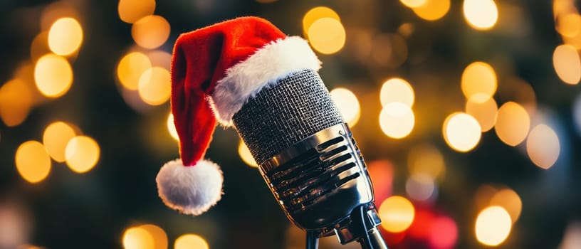 A microphone wears a red Santa hat amidst glowing Christmas lights celebrating the joyful and festive spirit of the holiday season.