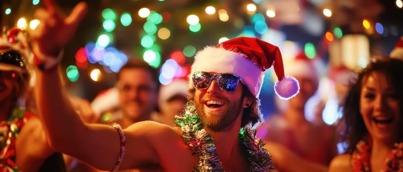 Friends gather in vibrant outfits celebrating Christmas with music laughter and colorful lights illuminating the festive atmosphere.