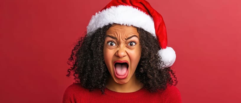 A person wearing a red Christmas hat expresses excitement with a wide open mouth in a joyful festive atmosphere against a red background.