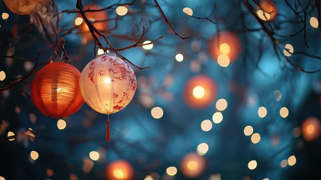 Colorful lanterns hang from branches illuminating a festive atmosphere filled with twinkling lights on a cozy Christmas night.