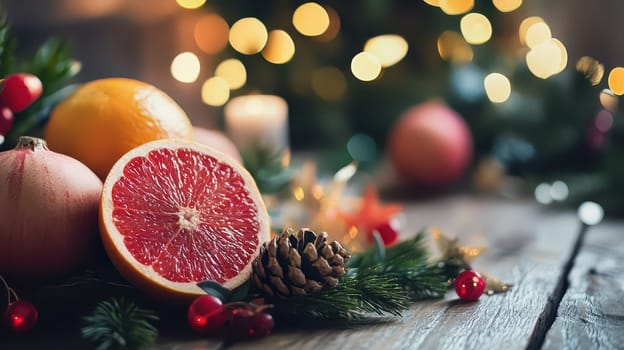 Vibrant fruits including apples and grapefruit surrounded by pine berries and candles create a warm holiday ambiance for Christmas.