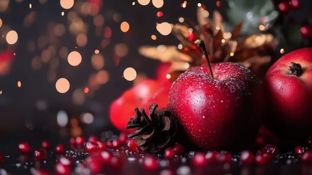 Bright red apples and pinecones are arranged among festive decorations creating a cozy atmosphere filled with holiday cheer and sparkle.
