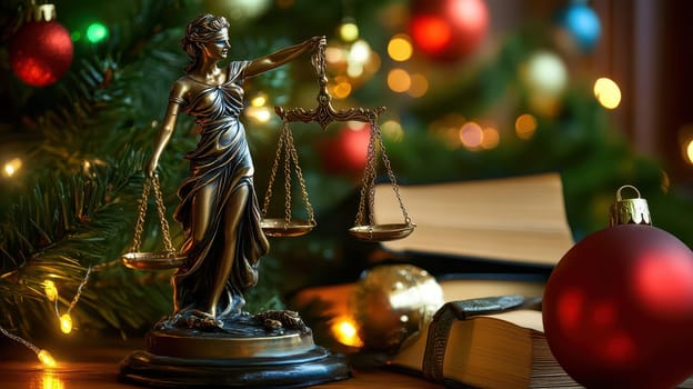 A festive setting featuring a statue of Lady Justice among Christmas decorations books and lights creating a peaceful ambiance.