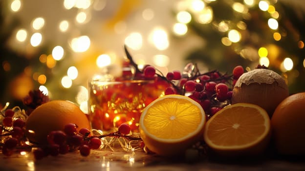 A vibrant display of oranges berries and festive drink surrounded by twinkling lights creates a cozy holiday atmosphere.