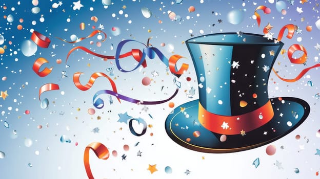Brightly colored confetti and ribbons surround a black top hat with a red band creating a joyful holiday atmosphere during Christmas celebrations.