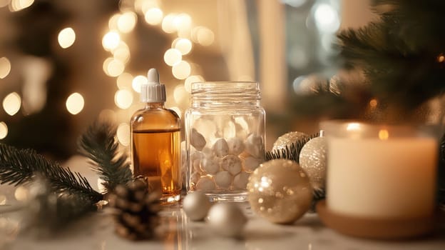 Candles and essential oils add warmth and festivity to Christmas with soft background lights.