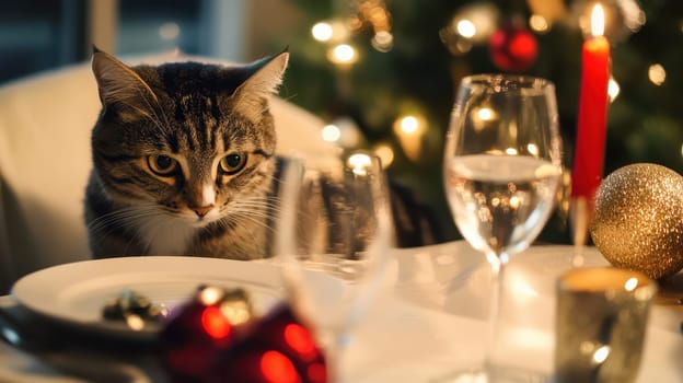 A curious cat sits at a beautifully set table surrounded by Christmas decorations and festive lights looking at the holiday feast.