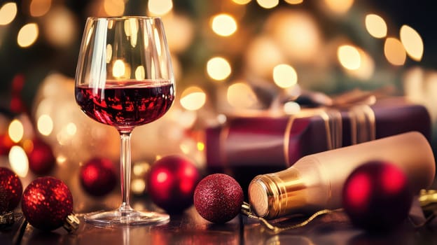 A cozy holiday setting featuring a glass of red wine beside festive decorations wrapped presents and glowing lights creating a warm atmosphere.