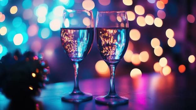 Two glasses filled with sparkling liquid reflect colorful lights in a festive atmosphere celebrating the spirit of Christmas and joy.