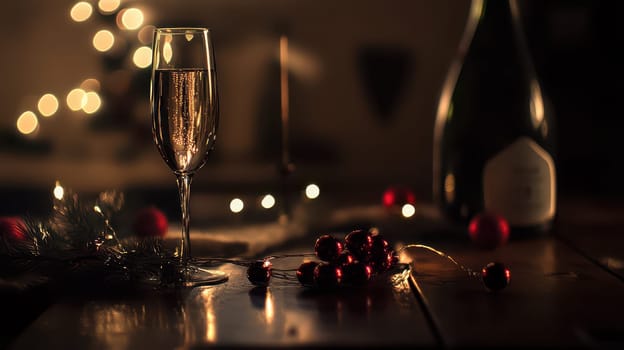 A beautifully set table featuring a glass of sparkling wine holiday ornaments and soft lighting that creates a warm Christmas atmosphere.