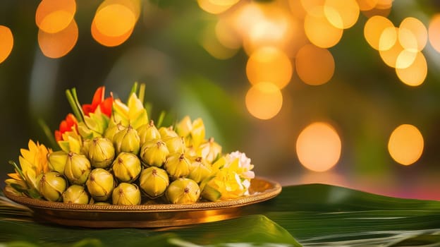 A decorative platter holds vibrant flowers and green fruits set against a backdrop of twinkling Christmas lights creating a joyful atmosphere.