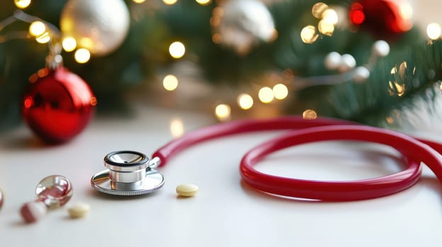 A stethoscope lies on a table surrounded by festive ornaments and soft glowing lights blending the theme of health and holiday spirit.