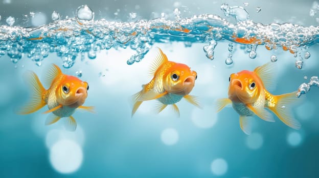 Three vibrant goldfish swim playfully in clear blue water creating a joyful underwater atmosphere during the festive Christmas season.