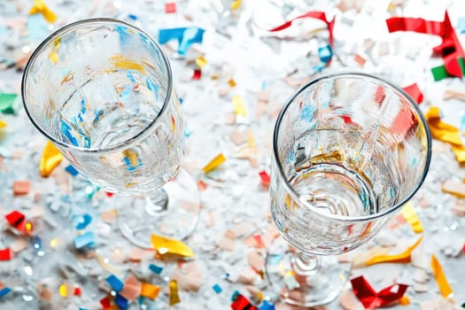Two empty glasses sit amidst colorful confetti creating a cheerful atmosphere perfect for a holiday gathering or celebration.