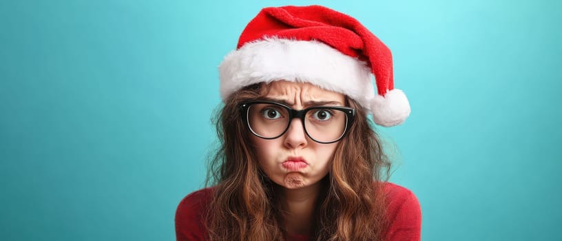 A young woman wearing a red Santa hat expresses a comical pout while looking at the camera against a blue background.