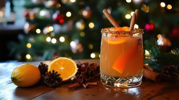 Festive drink garnished with citrus and spices sits on a wooden table surrounded by a decorated Christmas tree creating a cozy atmosphere.