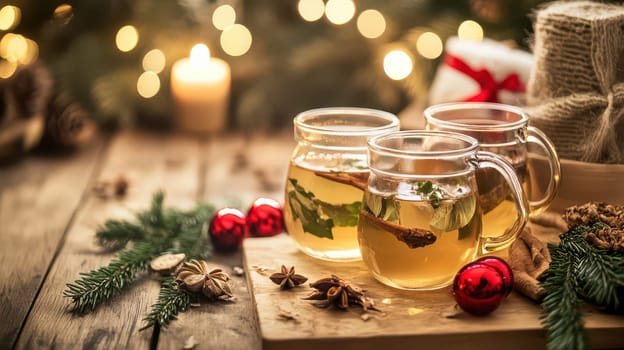 Three glass mugs filled with warm beverages sit on a wooden table decorated for Christmas with soft lights and festive ornaments.