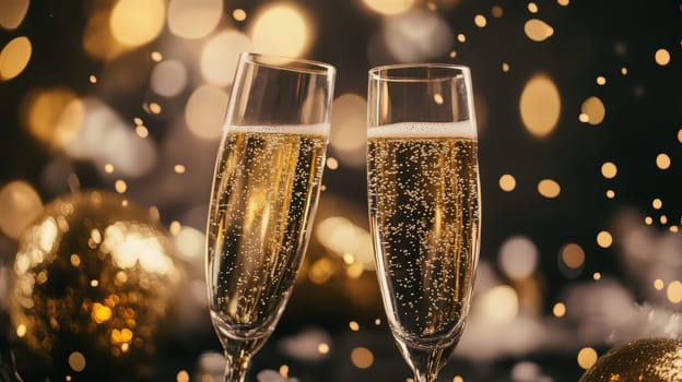 Two glasses of sparkling drink clink together against a backdrop of festive golden lights creating a joyful vibe.