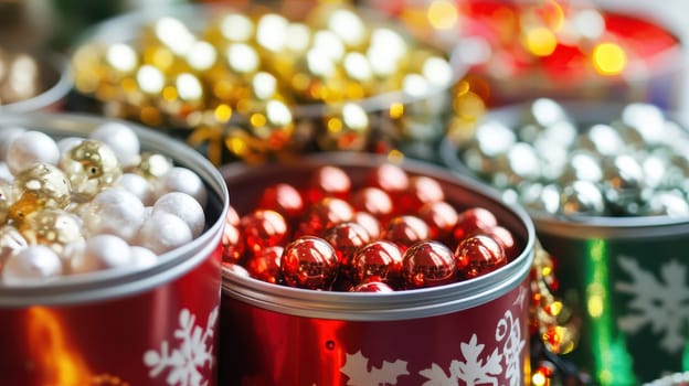 Brightly colored Christmas ornaments are arranged in decorative containers showcasing a festive atmosphere perfect for the holiday season.