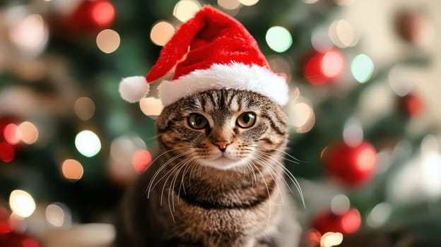 A cat in a red Santa hat sits in front of a decorated Christmas tree creating a cozy holiday atmosphere filled with lights and ornaments.