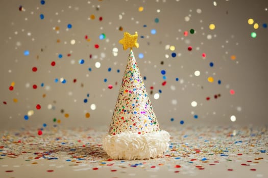 A sparkling party hat with a golden star sits on a table surrounded by vibrant confetti in various colors capturing a joyful moment.