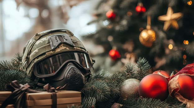 A military helmet rests on pine branches adorned with festive ornaments and gifts near a beautifully decorated Christmas tree.