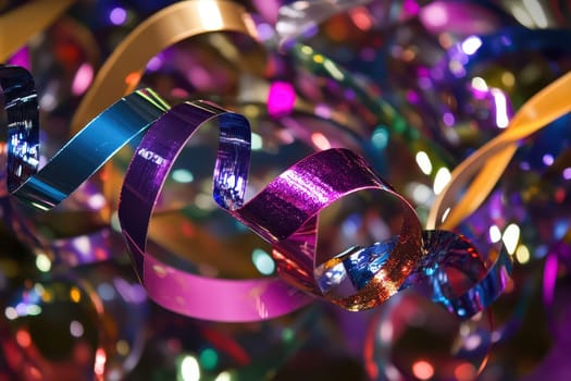 Festive ribbons in vibrant colors rest among twinkling lights creating a cheerful atmosphere for holiday celebrations during Christmas.