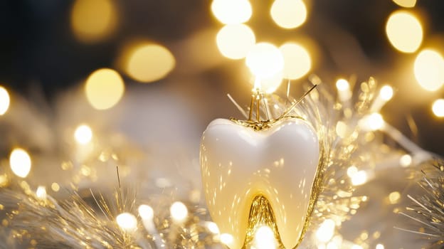 A creative Christmas decoration showcases a tooth design adorned with shimmering lights adding a whimsical touch to festive decor.