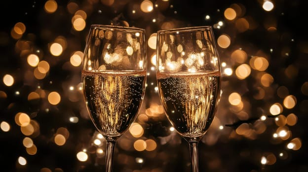 Two glasses of champagne clink together in a festive atmosphere filled with shimmering lights perfect for a Christmas celebration.