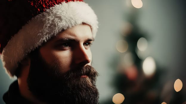 A man with a beard is wearing a red and white Christmas hat. Soft lights from a nearby tree create a warm atmosphere.