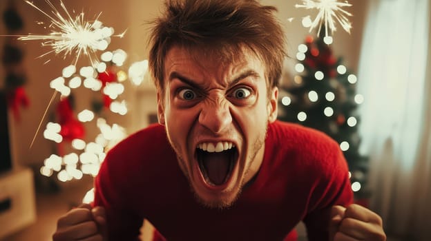 A lively celebration features a person in a red sweater shouting joyfully amidst Christmas decorations and bright lights.