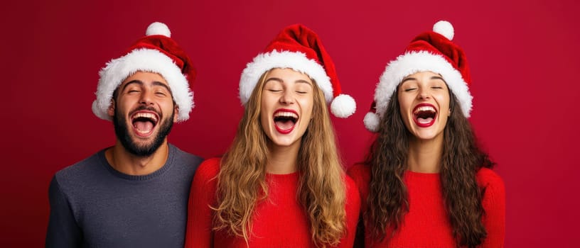 Three friends wear festive Santa hats and red outfits sharing laughter and joy against a vibrant red background during the Christmas season.