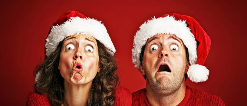 A surprised couple wears Santa hats showing exaggerated expressions that capture the joyful spirit of Christmas festivities.