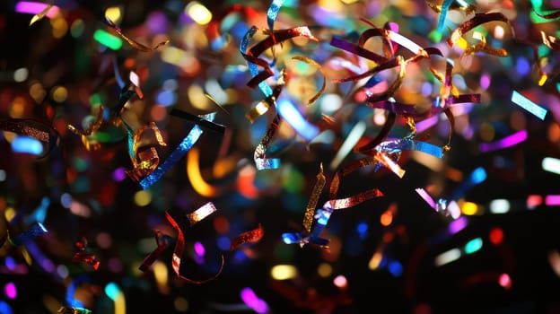 Bright and vibrant confetti fills the air creating a festive atmosphere perfect for Christmas celebrations. Colorful ribbons dance joyfully.