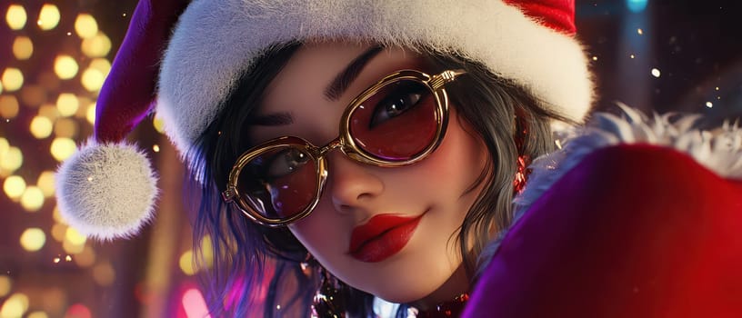A stylish woman wearing a Santa hat and glasses smiles warmly amidst colorful holiday lights embodying the spirit of Christmas.