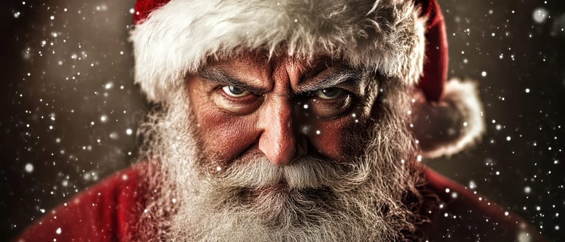 A close up of Santa Claus with an intense expression surrounded by falling snow. The atmosphere feels festive and magical during Christmas.