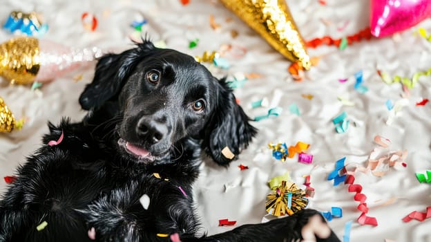 A playful black dog lays on a white surface surrounded by colorful confetti and party decorations embodying the cheerful spirit of celebration.