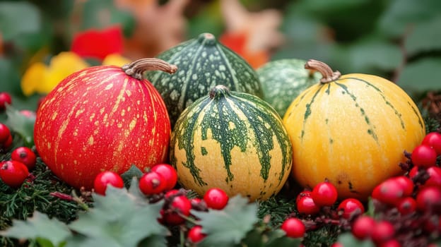Vibrant gourds in various colors surrounded by red berries and greenery celebrate the joyous spirit of Christmas.