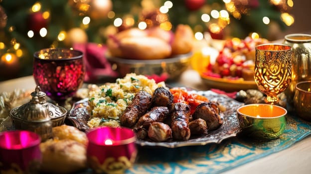 A beautifully set table featuring a variety of festive dishes glimmering lights and vibrant ornaments in a cozy Christmas atmosphere.