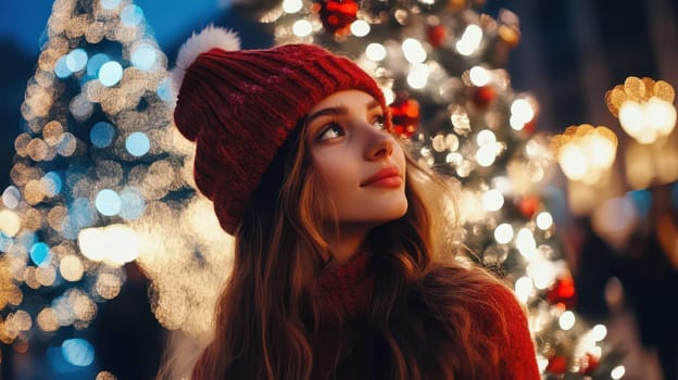 A girl wearing a red hat gazes up at twinkling Christmas lights surrounded by festive decorations capturing the joyful spirit of the season.