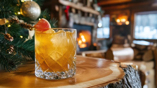 A festive drink sits on a wooden table next to a Christmas tree with a warm fire glowing in the background creating a cozy atmosphere.
