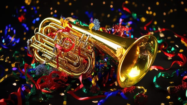 A shiny tuba rests amidst vibrant ribbons and festive confetti capturing the essence of a joyous Christmas gathering filled with music and cheer.