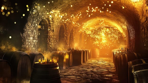 A beautifully lit wine cellar filled with wooden barrels glowing lights creating a festive atmosphere for Christmas celebrations.