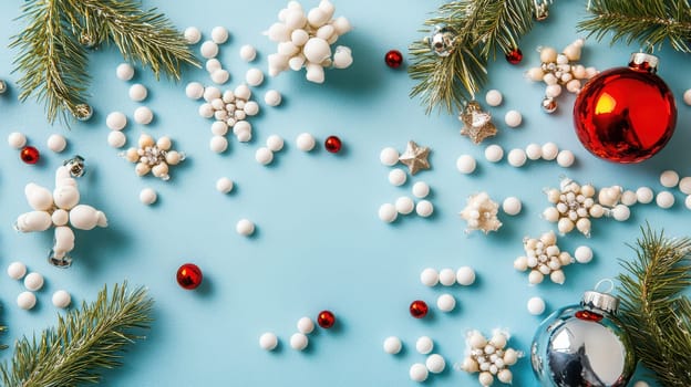 Colorful Christmas decorations scatter on a blue surface featuring ornaments snowflakes sprigs of pine and festive beads.