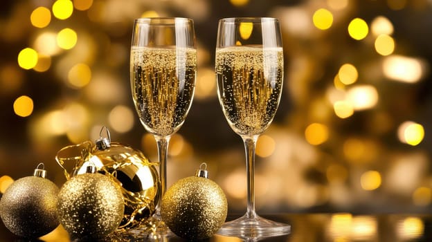 Two elegant glasses filled with sparkling beverage sit beside shiny golden ornaments capturing a joyful holiday mood.