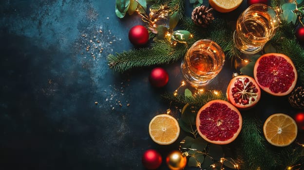 Decorative display features glasses with golden drinks surrounded by citrus fruits pinecones and holiday lights creating a joyous atmosphere.